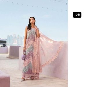 Maria B 12B Inspired Pastel Embroidered Lawn Suit with Net Dupatta